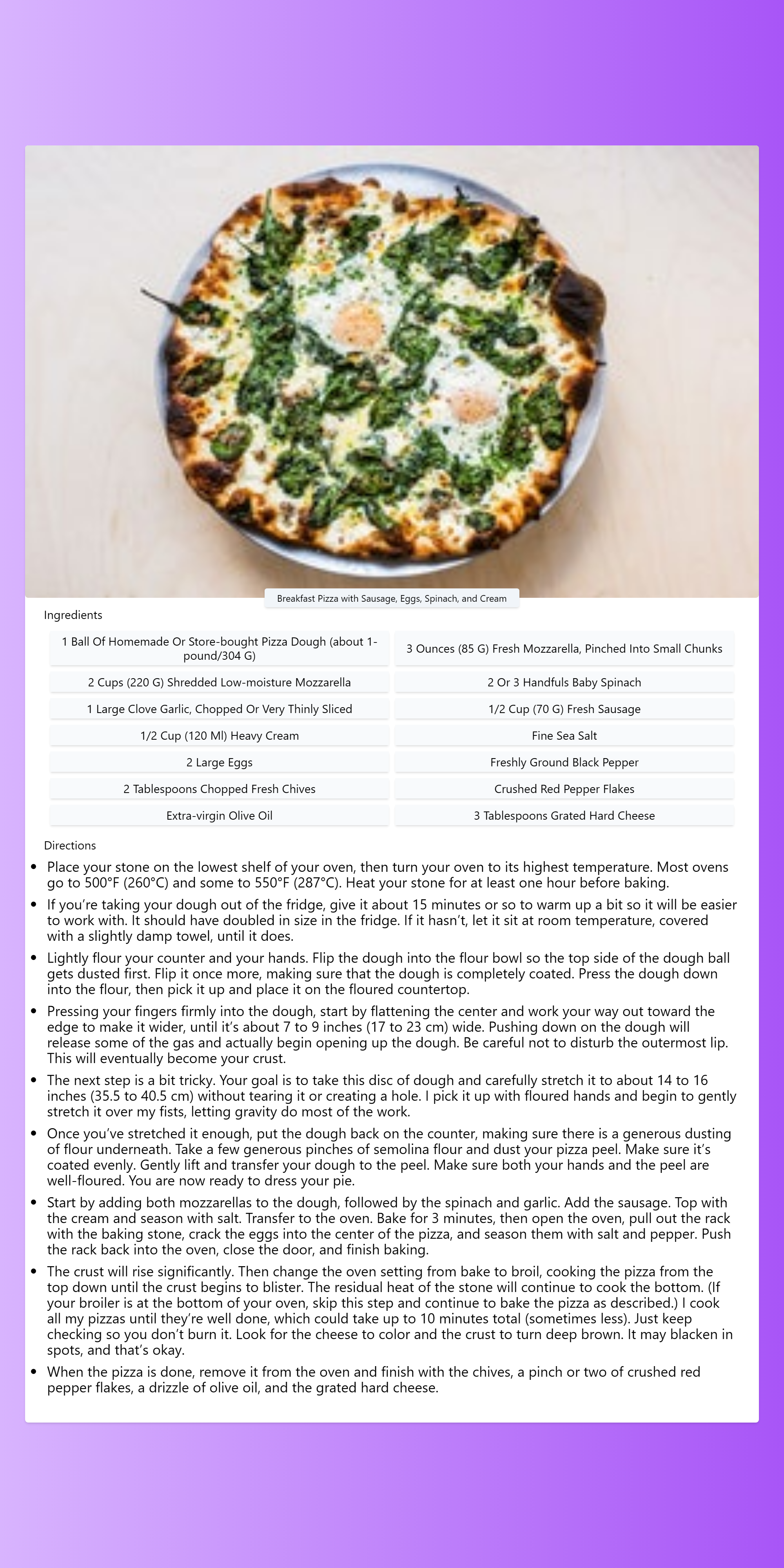 Breakfast Pizza with Sausage, Eggs, Spinach, and Cream