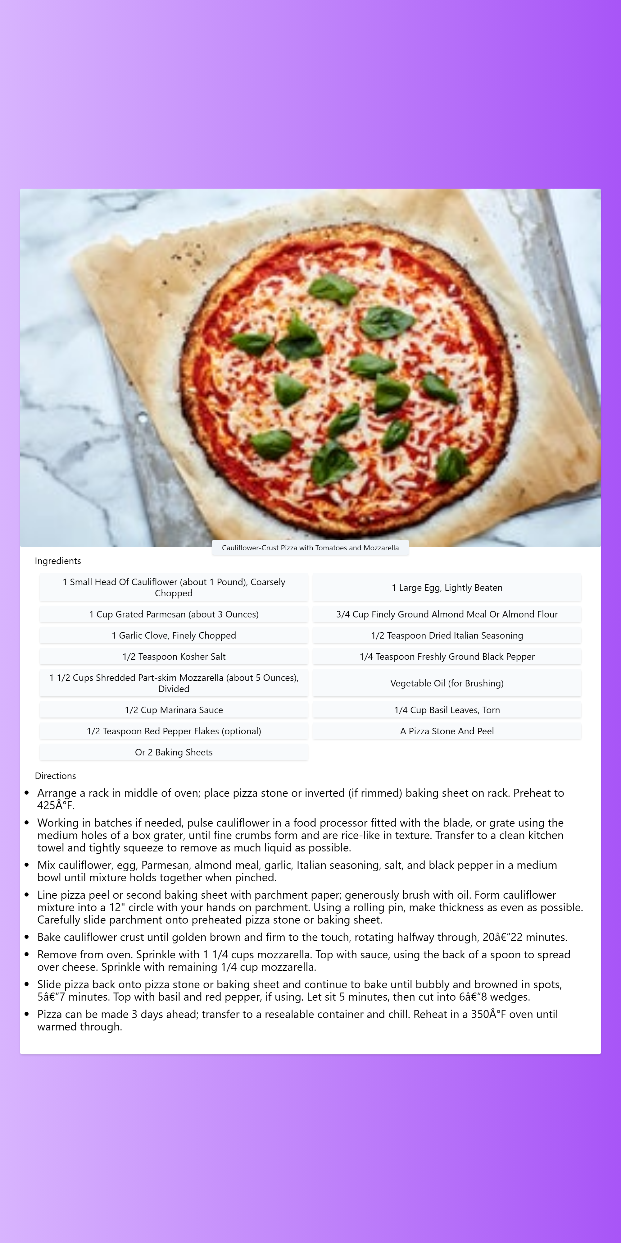 Cauliflower Crust Pizza with Tomatoes and Mozzarella