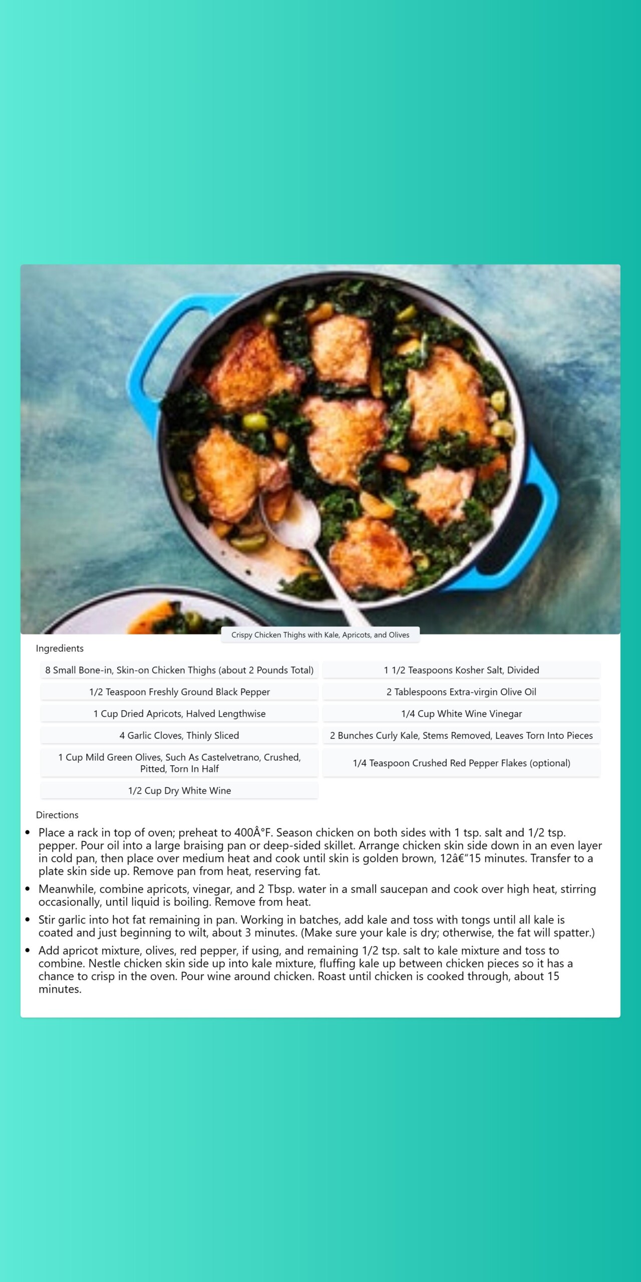 Crispy Chicken Thighs with Kale, Apricots, and Olives