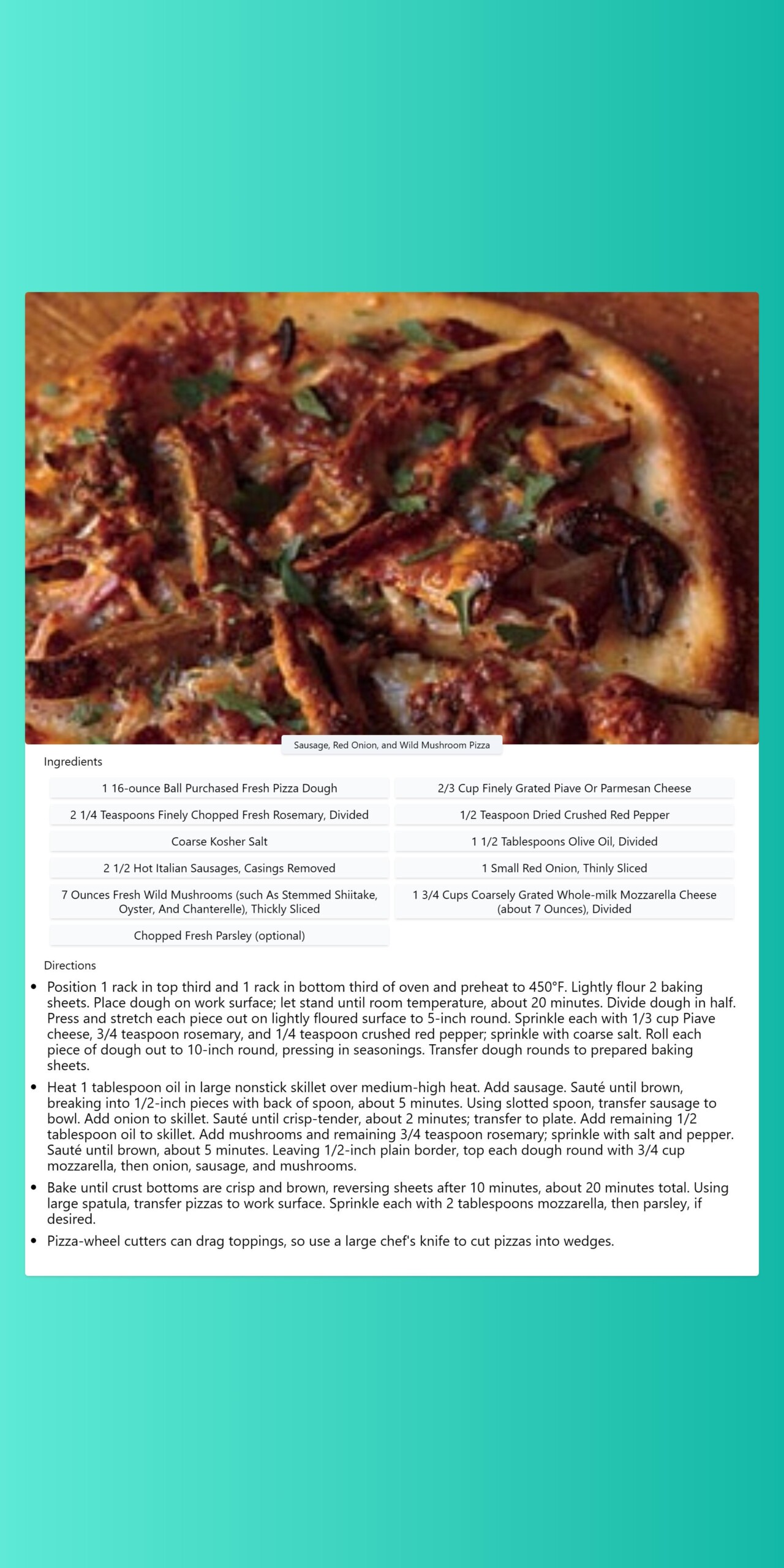 Sausage, Red Onion, and Wild Mushroom Pizza - chefrecipecard