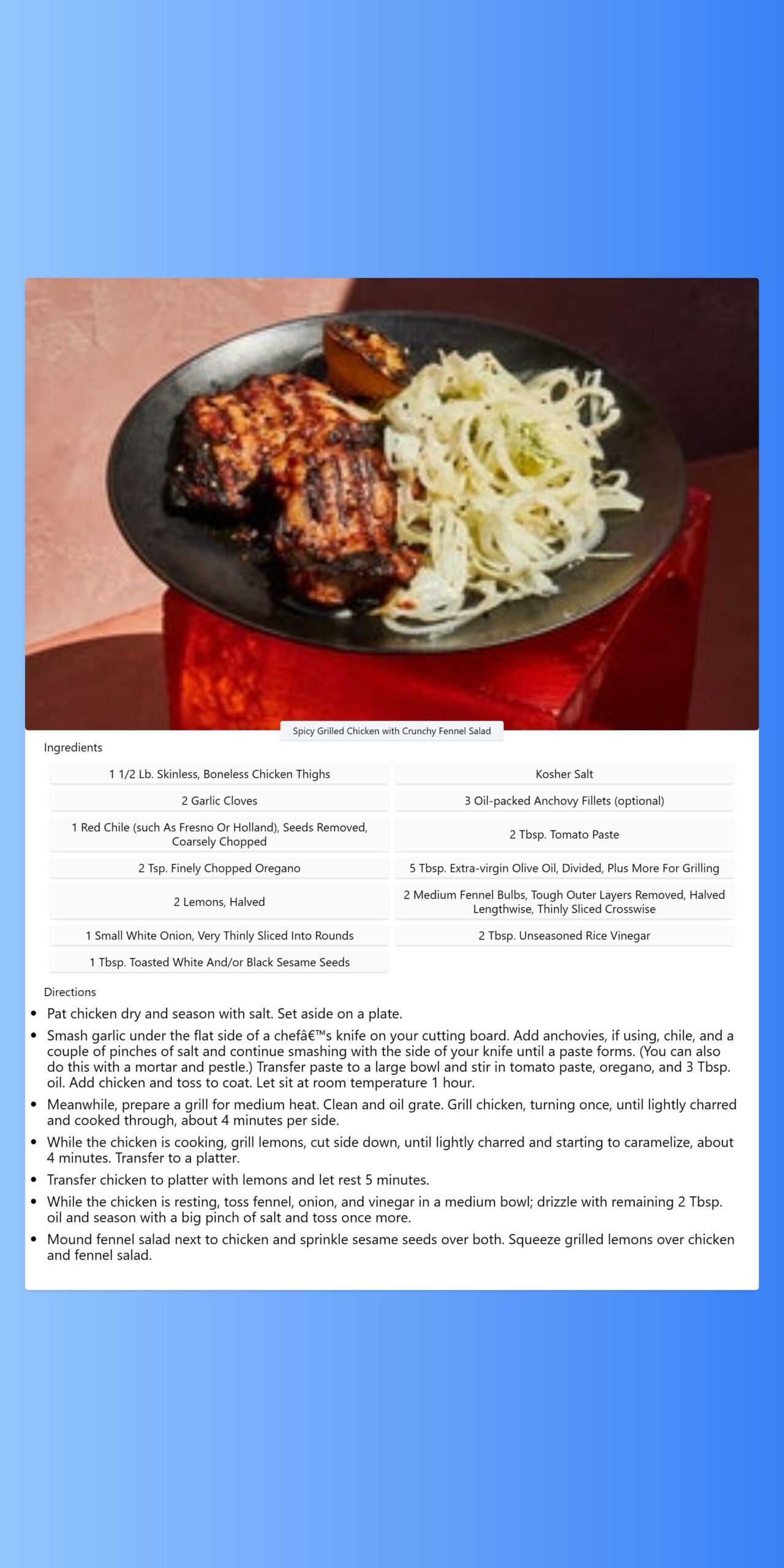 Spicy Grilled Chicken with Crunchy Fennel Salad