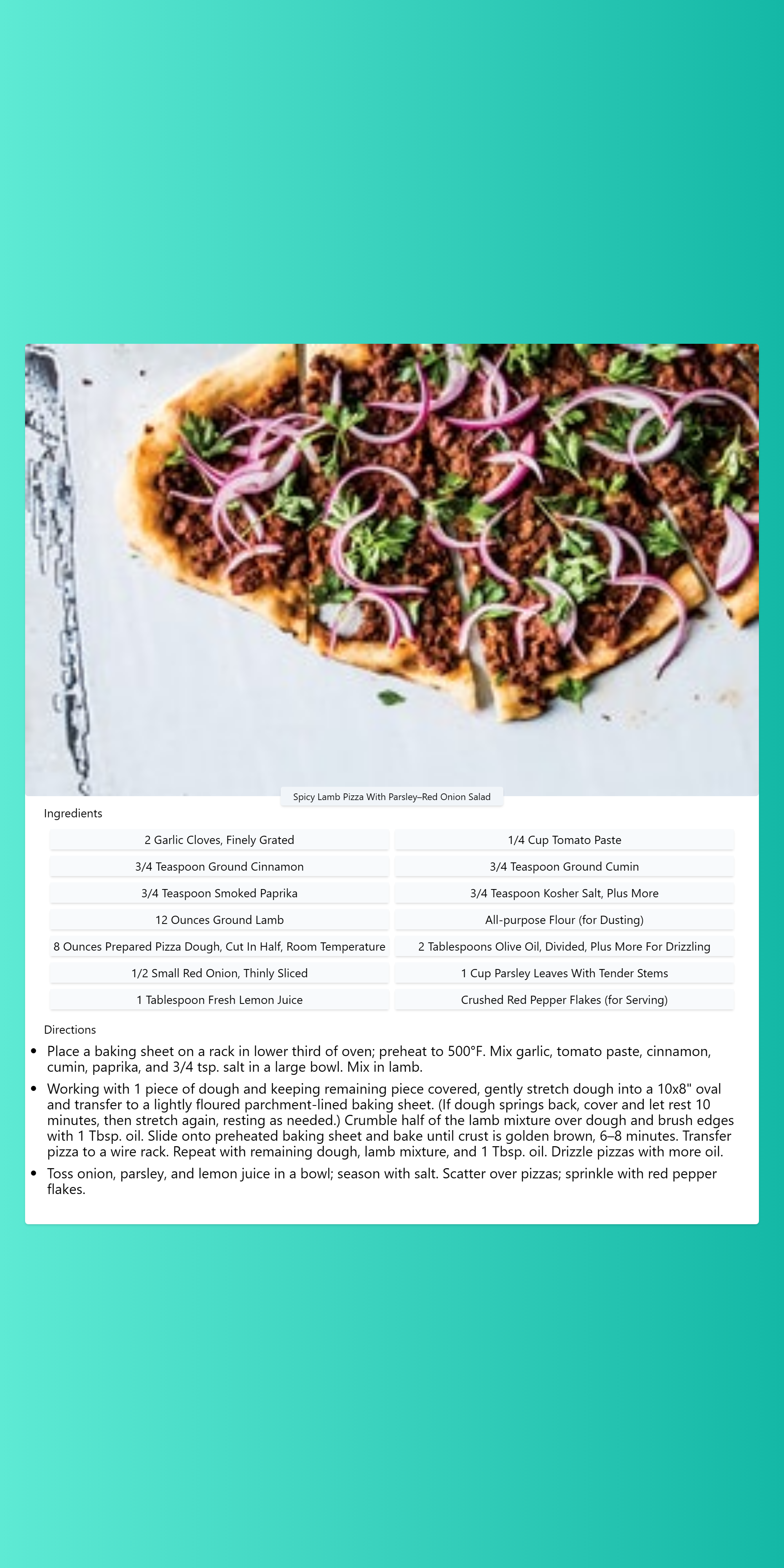 Spicy Lamb Pizza With Parsley–Red Onion Salad