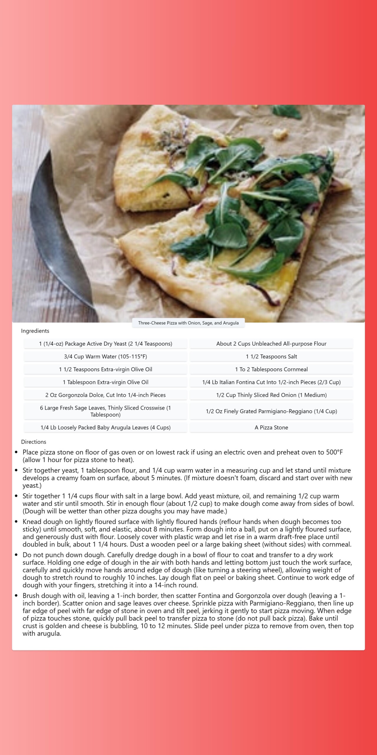 Three-Cheese Pizza with Onion, Sage, and Arugula